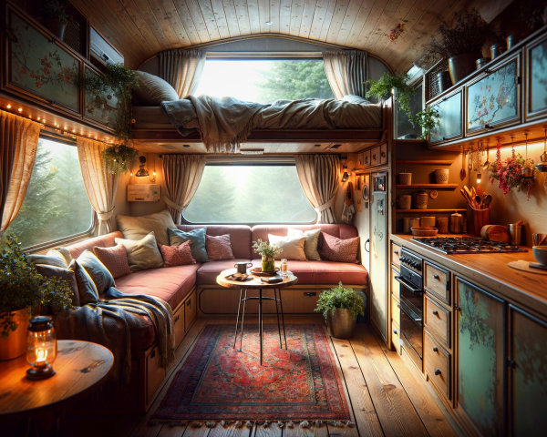 Cozy Tiny Home Interior with Warm Wood and Greenery