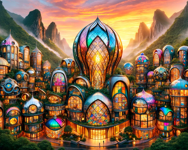 Surreal Cityscape with Colorful Architecture at Sunset