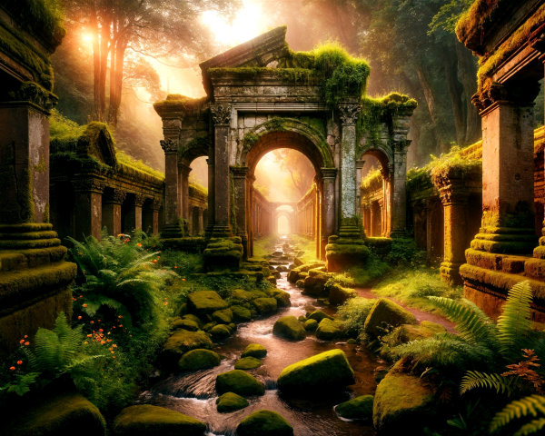 Overgrown Ruins Surrounded by Lush Greenery and Light