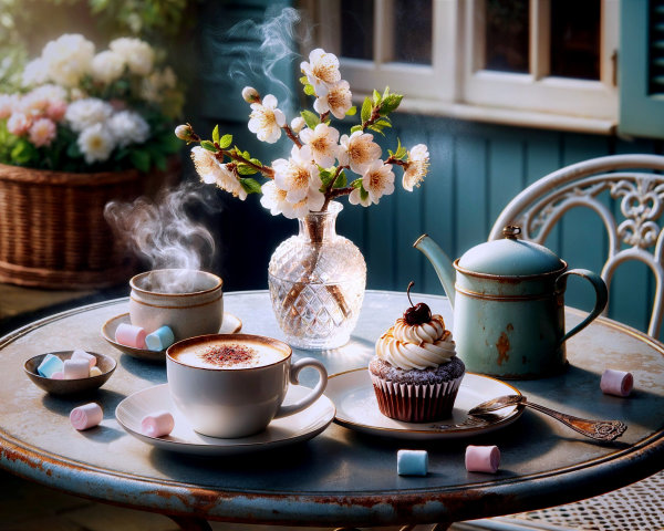 Charming Outdoor Scene with Delicate Teapot and Treats