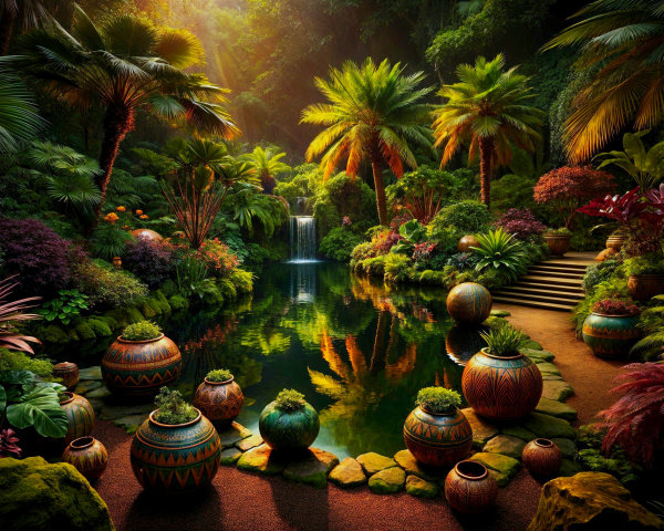 Serene Botanical Oasis with Lush Greenery and Pond