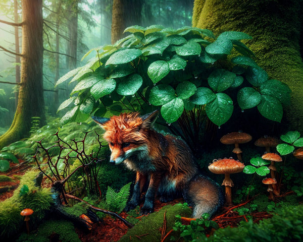 Fox Resting in Lush Forest with Sunlight and Foliage