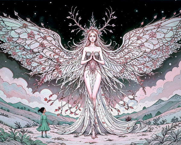 Celestial Figure with Floral Wings in Dreamy Landscape
