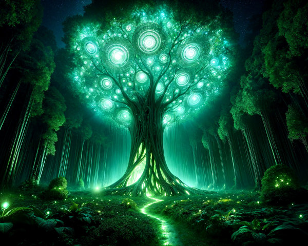 Luminescent Tree in a Mystical Twilight Forest