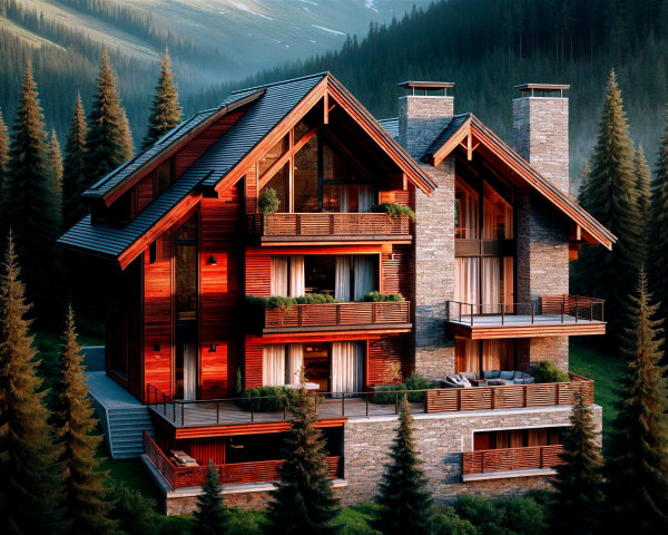 Chalet in Forest with Wood and Stone Architecture