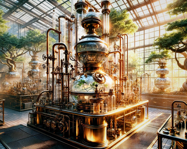 Steampunk Laboratory with Glass Apparatus and Nature