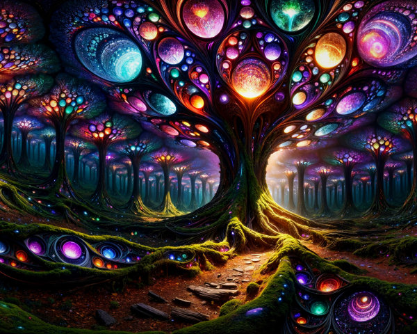 Mystical forest with luminescent trees and orbs