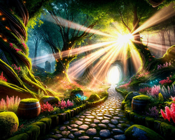 Enchanted forest scene with cobblestone path and light