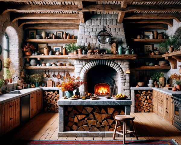 Rustic Kitchen with Stone Fireplace and Wooden Accents