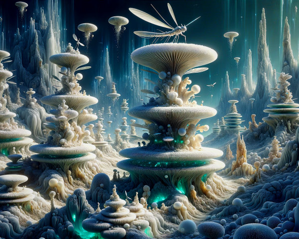 Surreal Landscape with Alien Structures and Creatures