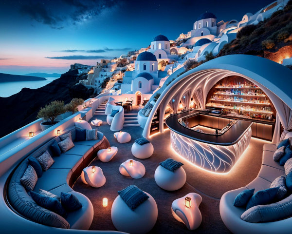 Outdoor Lounge in Santorini with Modern Design Elements