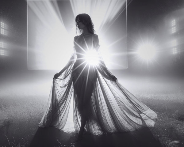 Ethereal Figure in Sheer Gown with Dreamlike Glow