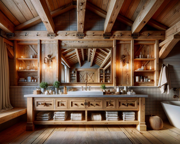 Cozy Bathroom with Rustic Beams and Elegant Bathtub