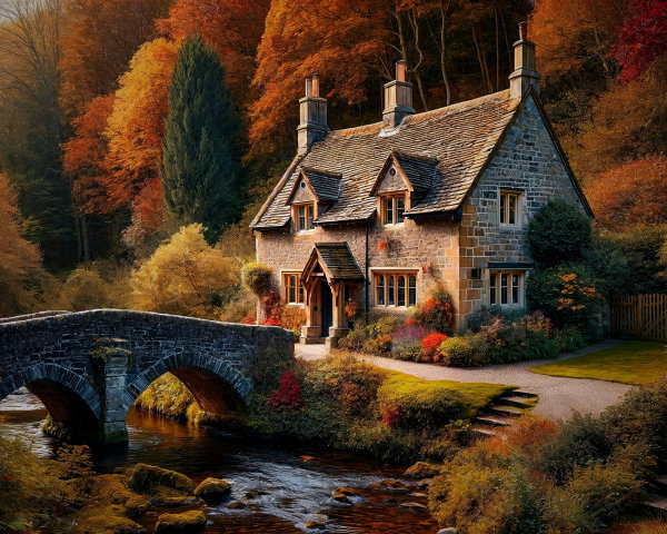 Stone Cottage in Autumn Landscape with Foliage