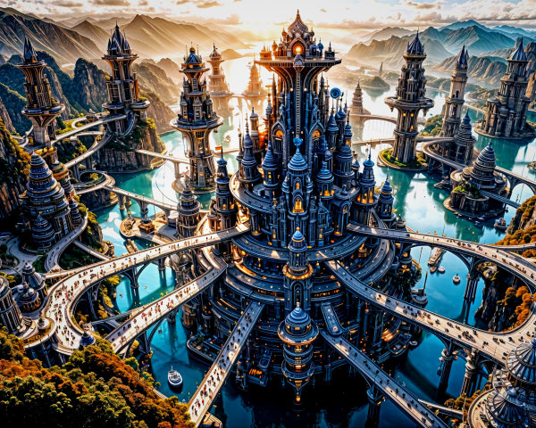 Futuristic cityscape with towers and lush landscape