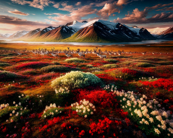 Vibrant Floral Landscape with Snow-Capped Mountains