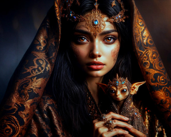 Young woman in intricate makeup with mythical creature