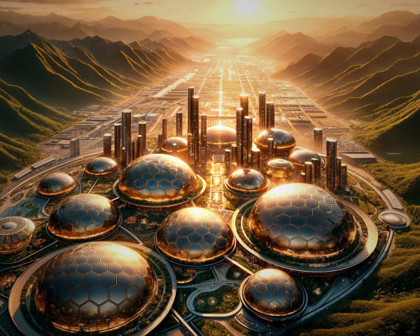 Futuristic cityscape with mountains and dome structures