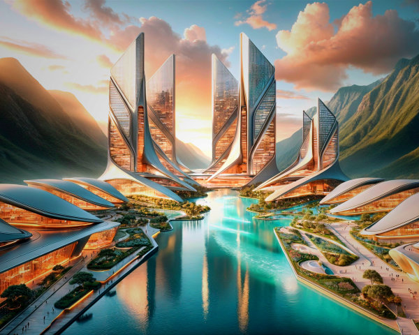 Futuristic Architectural Complex in Mountain Landscape