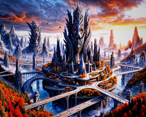 Majestic Fantasy Landscape with Towering City and Mountains