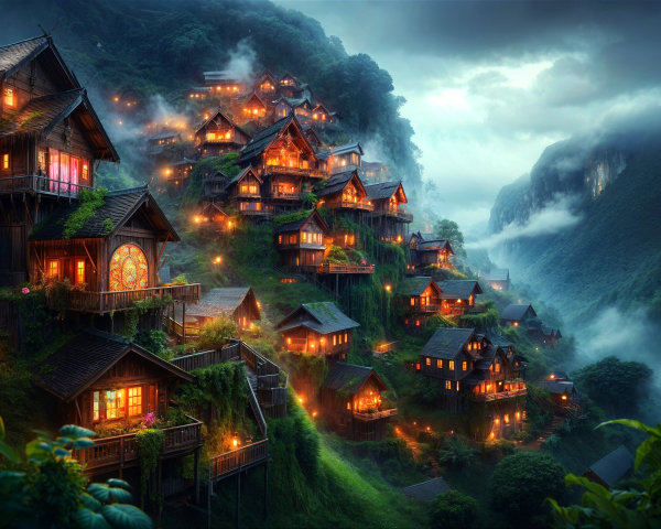 Serene Mountain Village Under Twilight Sky