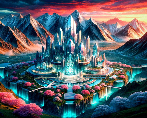 Fantasy Landscape with Crystal Castle and Waterfalls