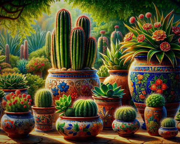 Vibrant Garden Scene with Cacti and Succulents
