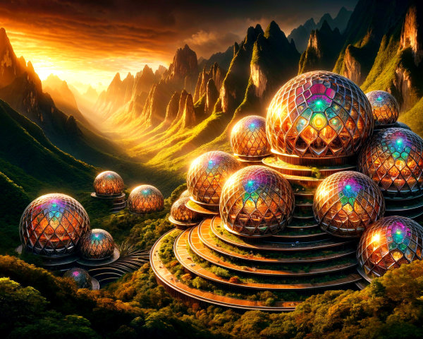 Surreal Landscape of Futuristic Domes at Sunset