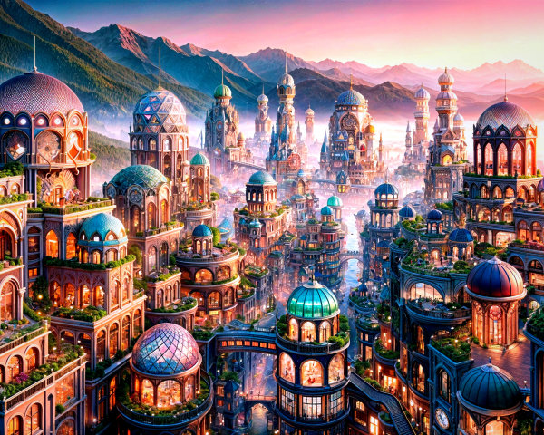 Dusk Cityscape with Ornate Architecture and Mountains