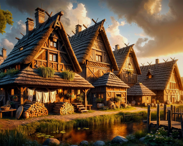 Charming Village Scene with Wooden Houses and Pond