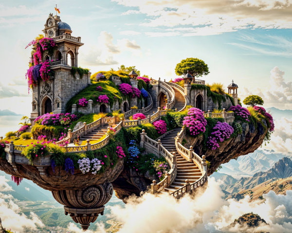 Floating Island with Flowers, Greenery, and Tower