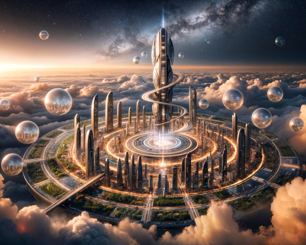 Futuristic cityscape with towers above the clouds