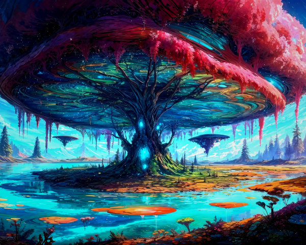 Vibrant Otherworldly Landscape with Colorful Tree