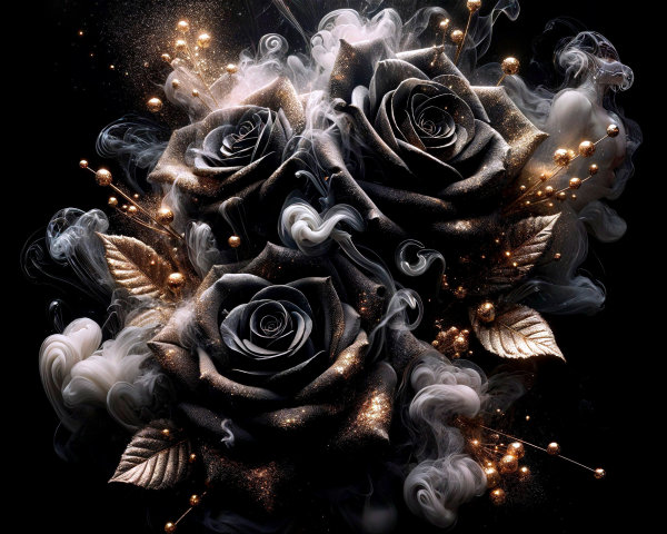 Three Black Roses with Golden Accents and Smoke