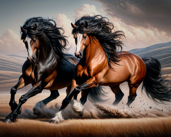 Horses Galloping in a Golden Field with Dramatic Sky