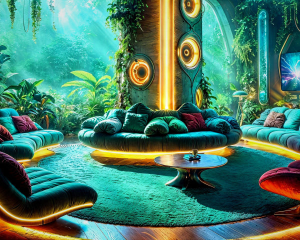 Futuristic lounge with green light and plush sofas