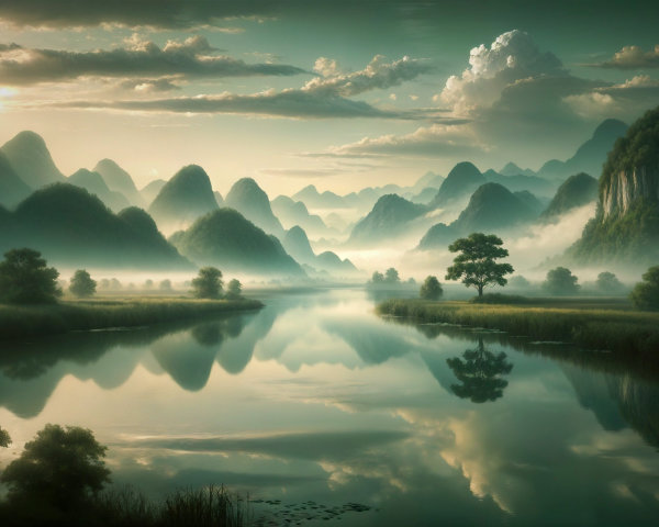 Mist-Covered Mountains Reflected in a Tranquil River