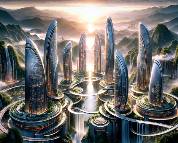 Futuristic Cityscape with Skyscrapers and Nature
