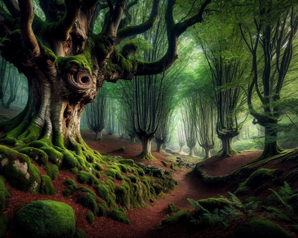 Mystical Forest with Ancient Trees and Sunlit Path