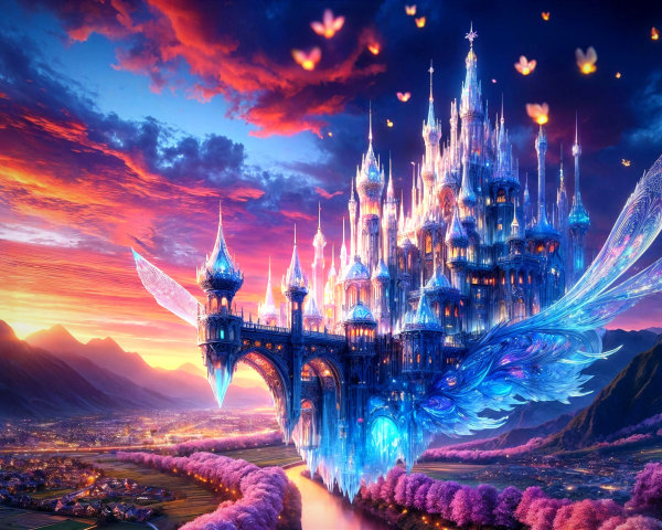 Majestic Fantasy Castle at Sunset with Cherry Blossoms