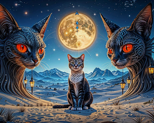 Surreal Desert Scene with Cat Heads and Moonlight
