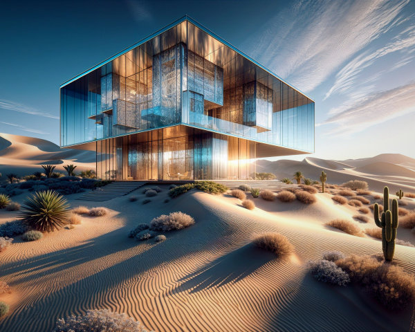 Modern Glass Architectural Structure in Desert Landscape