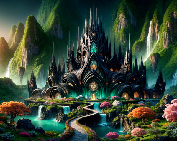 Majestic Castle Surrounded by Lush Mountains and Waterfalls