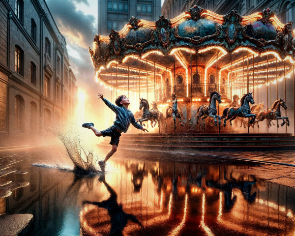 Child Splashing in Puddles Near a Carousel at Dusk
