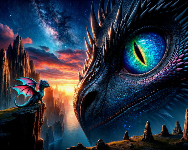 Fantasy Landscape with Dragons at Sunset