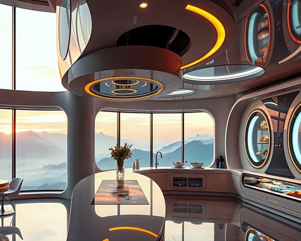Futuristic Kitchen Design with Mountain Sunset View