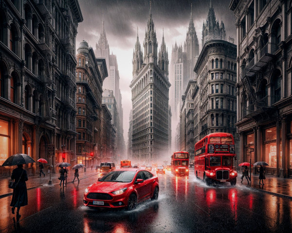 Rainy Urban Scene with Historic Buildings and Buses