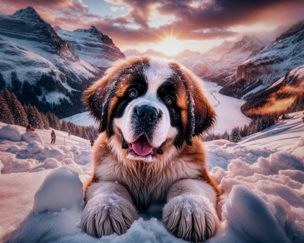 Fluffy Saint Bernard Puppy in Snowy Landscape