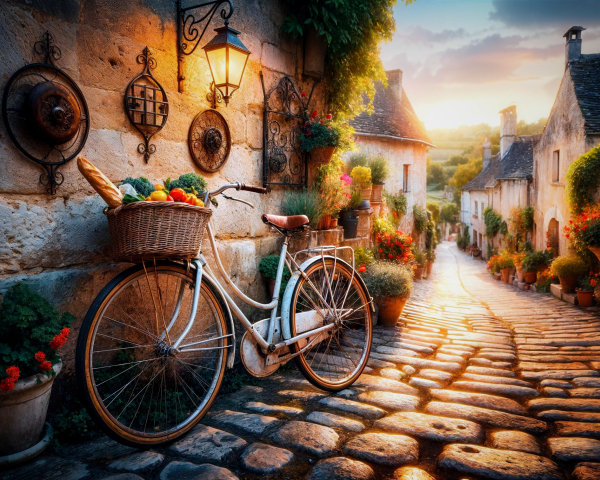 Charming Cobblestone Street with Vintage Bicycle Scene