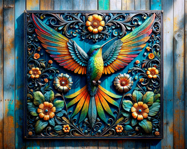 Intricate Wall Artwork with Colorful Hummingbird Design